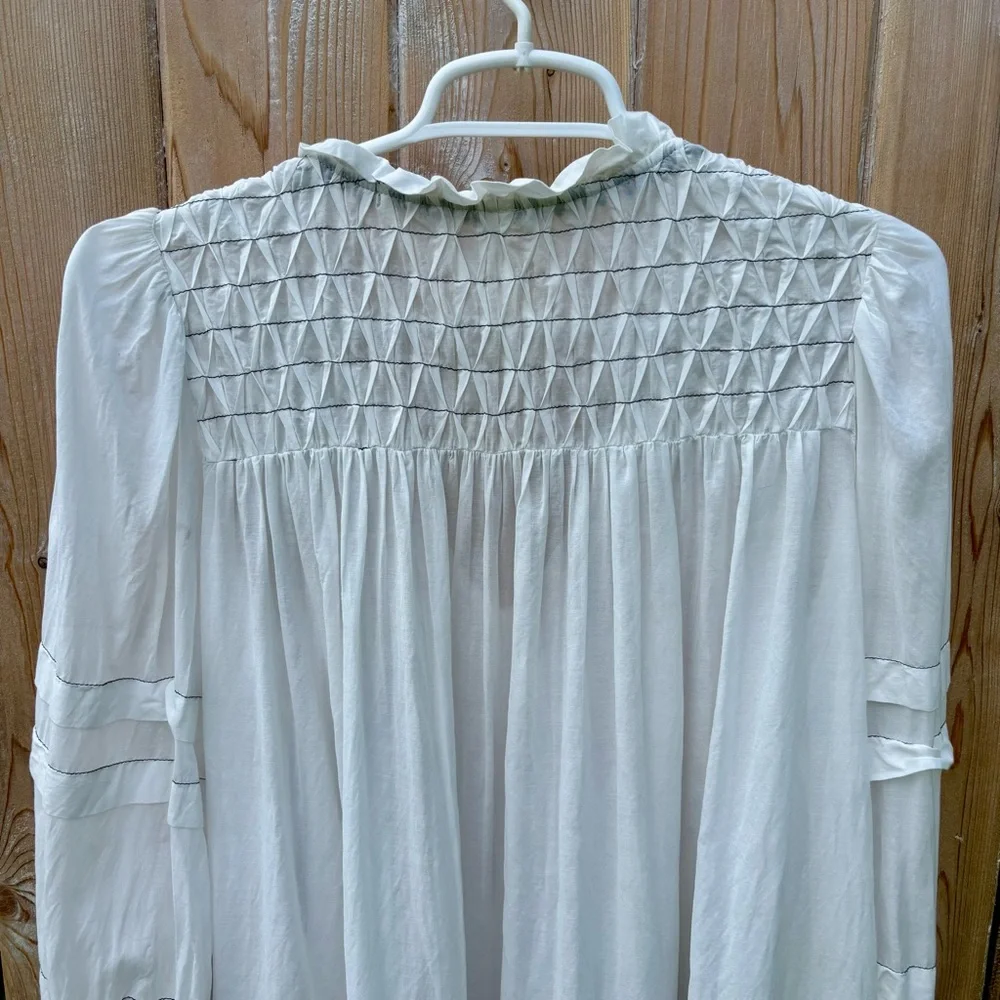 Anthropologie White Long-Sleeve Airy Babydoll Blouse Tunic Top Size Small